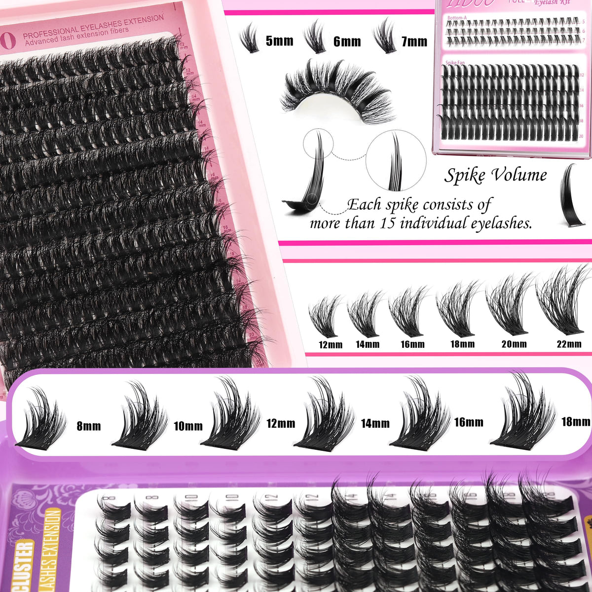 YIDUO 1846Pcs Lash Clusters Kit with Spikes+Bottom Cluster Lashes Kit Mix Styles 10-18mm Volume D Curly Wispy Soft DIY Individual Eyelash Extension Kit with Glue pestañas postizas Wholesale Large Pack