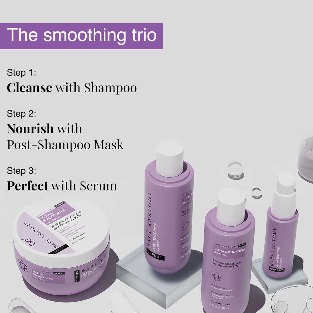 Bare Anatomy Ultra Smoothing Shampoo + Hair Mask + Serum Kit | Carbohydrate Complex & Niacinamide | Dry & Frizzy Hair | Paraben & Sulphate Free | Women & Men | 250ml + 250g + 100ml