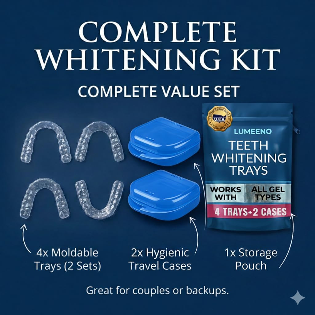Teeth Whitening Trays for Gel 4 Pc Moldable Flexible Guards with 2 Cases