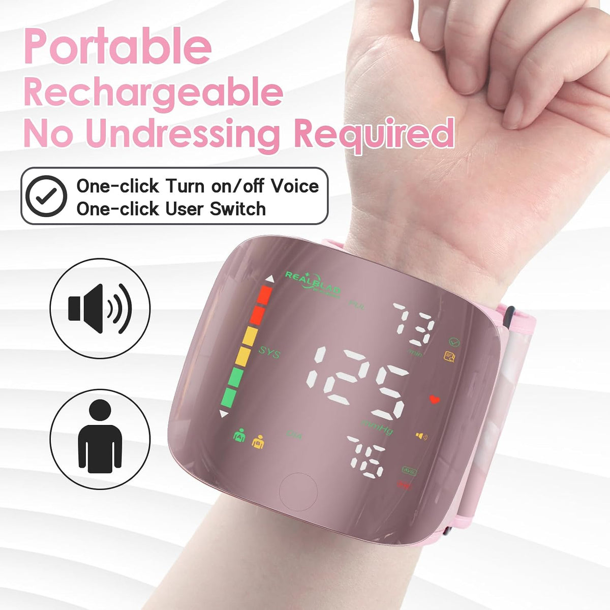 GUAEVER Wrist Blood Pressure Monitor with Curved Screen, Portable, Pink