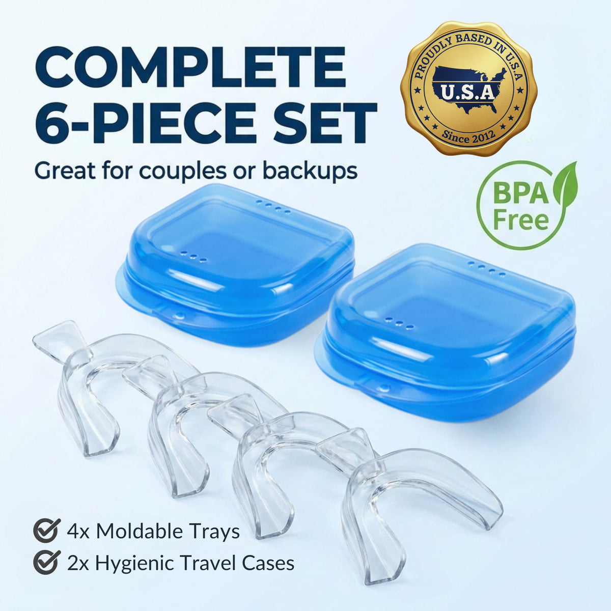Teeth Whitening Trays for Gel 4 Pc Moldable Flexible Guards with 2 Cases