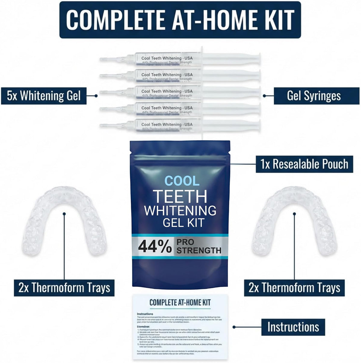 Teeth Whitening Gel with Trays 44% Carbamide Peroxide 5 Syringes - 50+ Uses