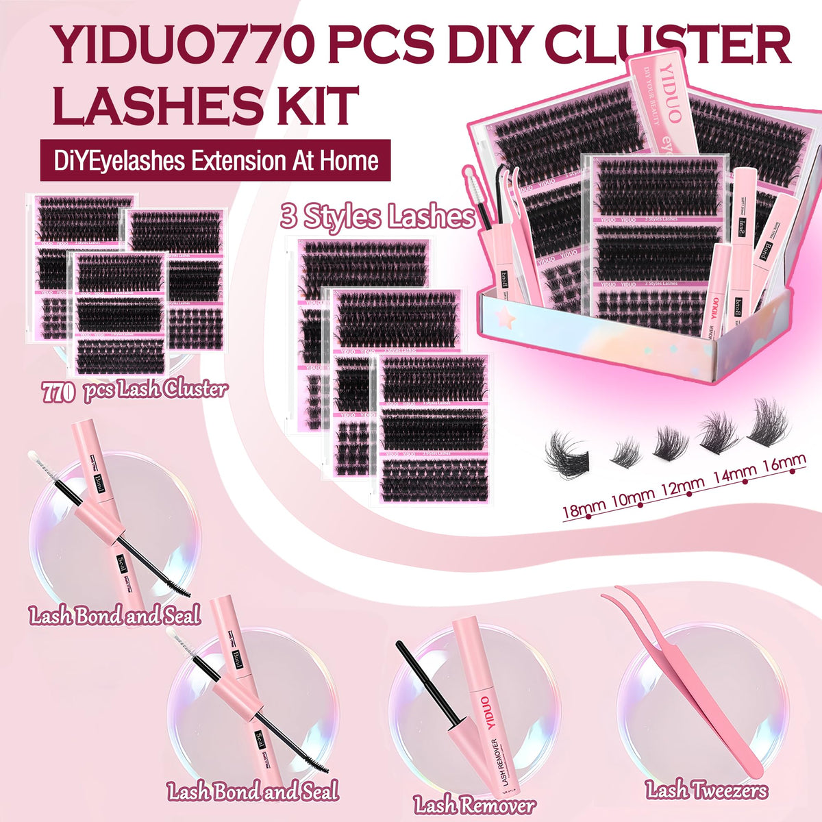 YIDUO 1846Pcs Lash Clusters Kit with Spikes+Bottom Cluster Lashes Kit Mix Styles 10-18mm Volume D Curly Wispy Soft DIY Individual Eyelash Extension Kit with Glue pestañas postizas Wholesale Large Pack
