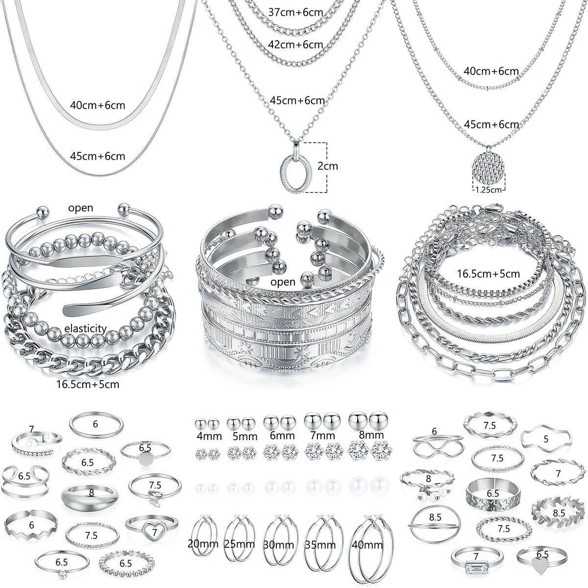 FAXHION 68 Pcs Gold Jewelry Set for Women with 7 Necklace, 17 Bracelet, 5 Hoop Earrings, 15 Stud Earrings, 24 Knuckle Rings for Women Jewelry Set for Women Gift
