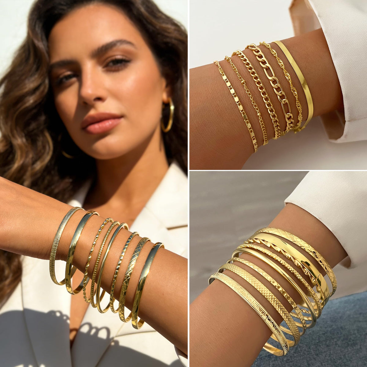 FAXHION 68 Pcs Gold Jewelry Set for Women with 7 Necklace, 17 Bracelet, 5 Hoop Earrings, 15 Stud Earrings, 24 Knuckle Rings for Women Jewelry Set for Women Gift