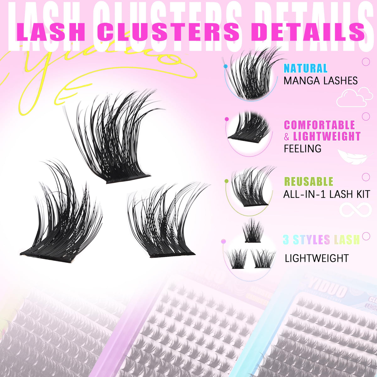 YIDUO 1846Pcs Lash Clusters Kit with Spikes+Bottom Cluster Lashes Kit Mix Styles 10-18mm Volume D Curly Wispy Soft DIY Individual Eyelash Extension Kit with Glue pestañas postizas Wholesale Large Pack