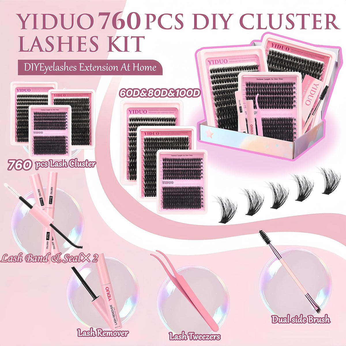 YIDUO 1846Pcs Lash Clusters Kit with Spikes+Bottom Cluster Lashes Kit Mix Styles 10-18mm Volume D Curly Wispy Soft DIY Individual Eyelash Extension Kit with Glue pestañas postizas Wholesale Large Pack