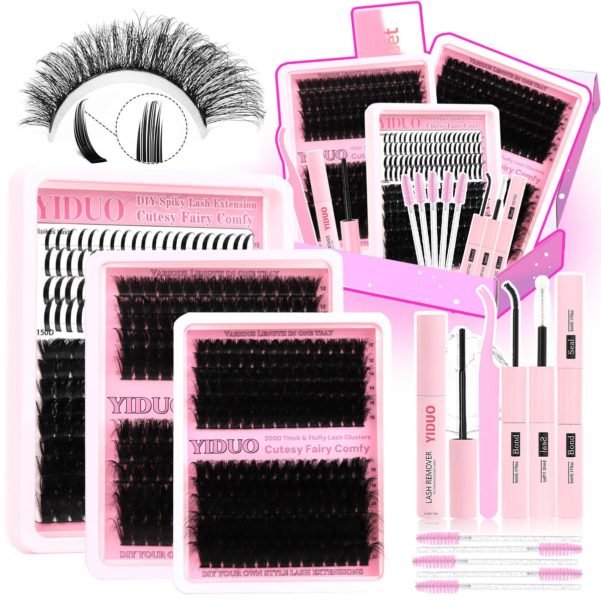 YIDUO 1846Pcs Lash Clusters Kit with Spikes+Bottom Cluster Lashes Kit Mix Styles 10-18mm Volume D Curly Wispy Soft DIY Individual Eyelash Extension Kit with Glue pestañas postizas Wholesale Large Pack