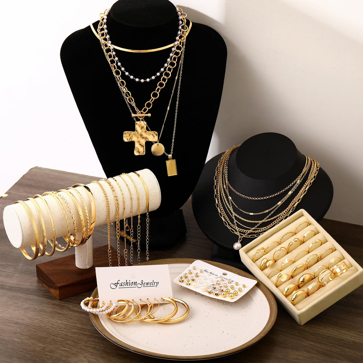 FAXHION 68 Pcs Gold Jewelry Set for Women with 7 Necklace, 17 Bracelet, 5 Hoop Earrings, 15 Stud Earrings, 24 Knuckle Rings for Women Jewelry Set for Women Gift