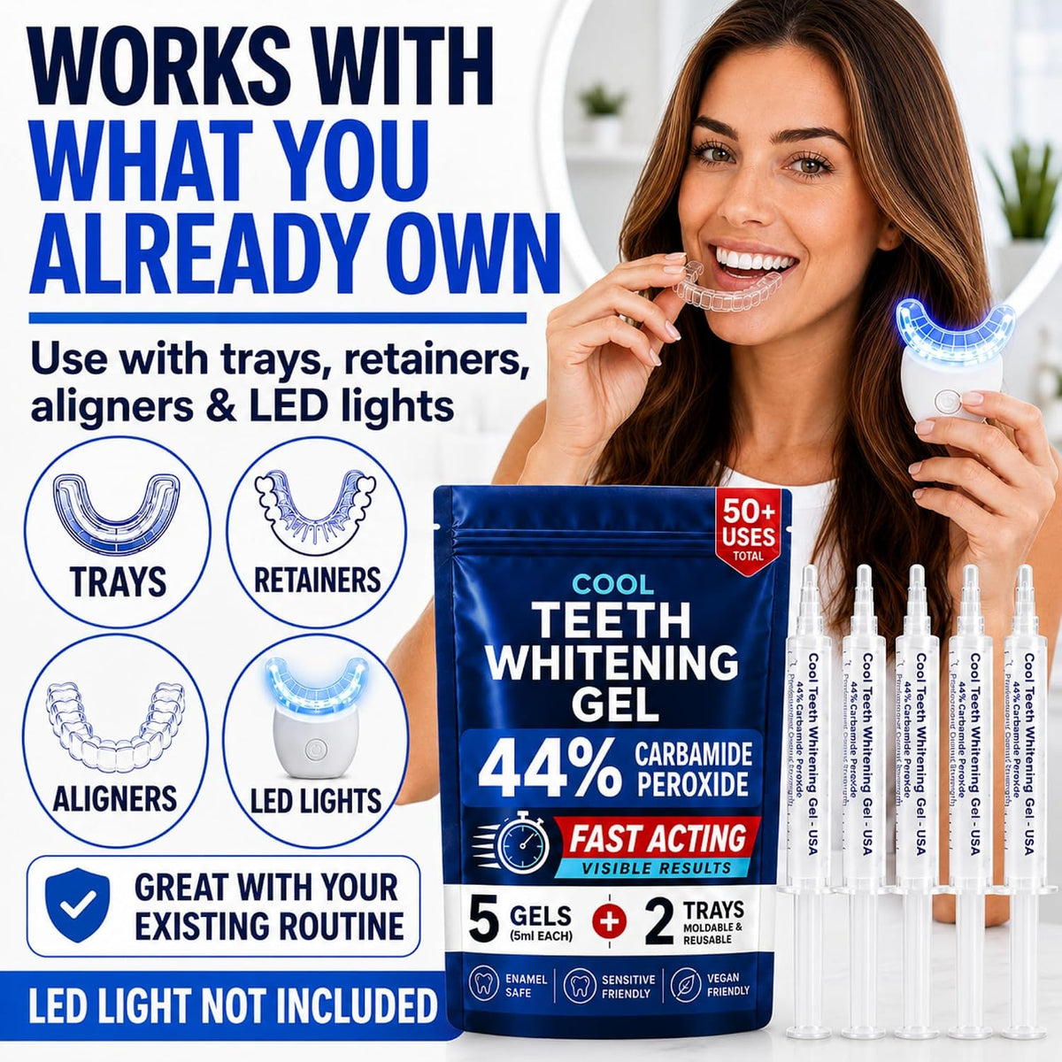 Teeth Whitening Gel with Trays 44% Carbamide Peroxide 5 Syringes - 50+ Uses