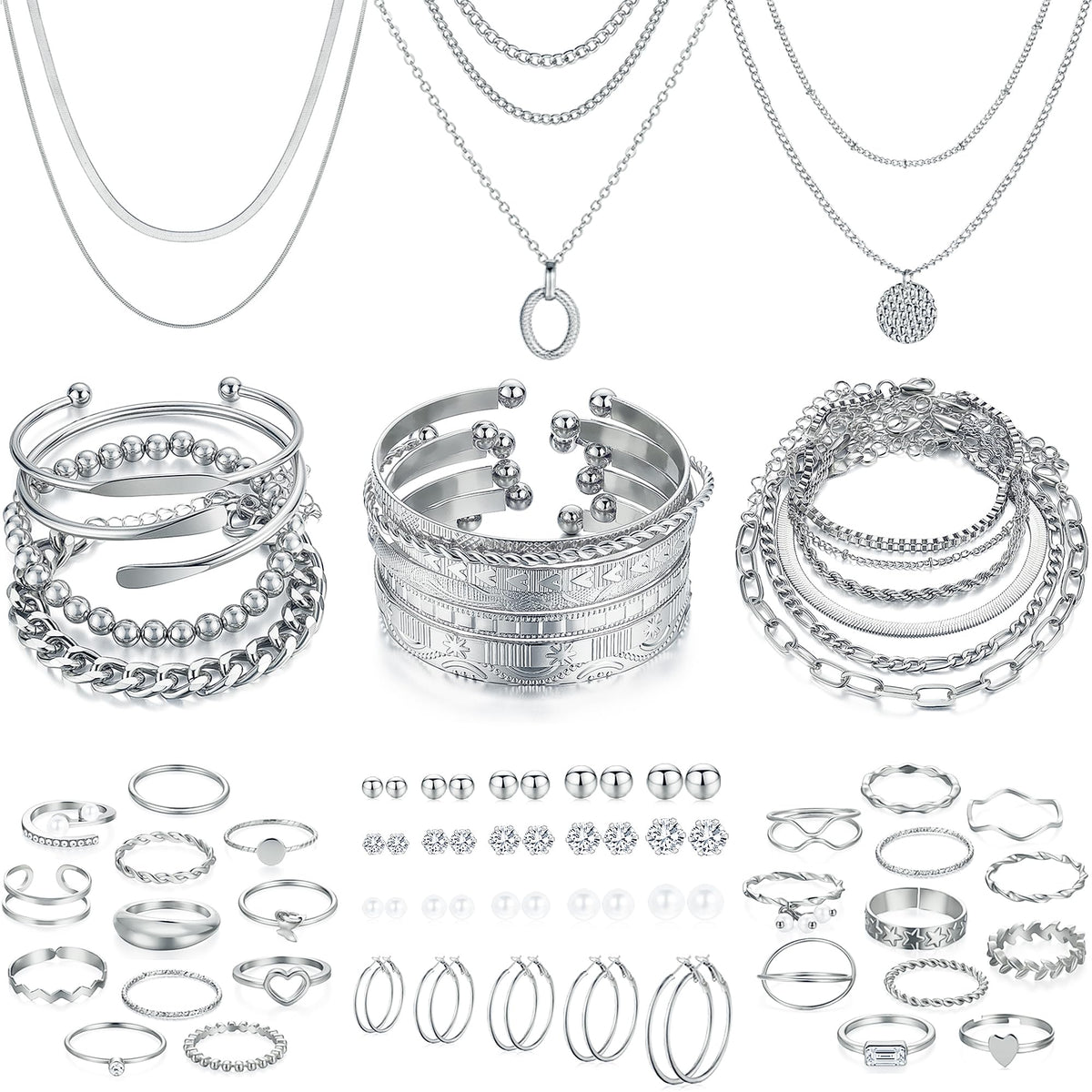 FAXHION 68 Pcs Gold Jewelry Set for Women with 7 Necklace, 17 Bracelet, 5 Hoop Earrings, 15 Stud Earrings, 24 Knuckle Rings for Women Jewelry Set for Women Gift