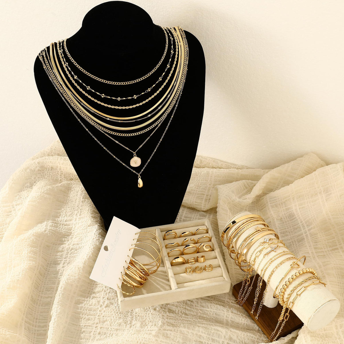 FAXHION 68 Pcs Gold Jewelry Set for Women with 7 Necklace, 17 Bracelet, 5 Hoop Earrings, 15 Stud Earrings, 24 Knuckle Rings for Women Jewelry Set for Women Gift