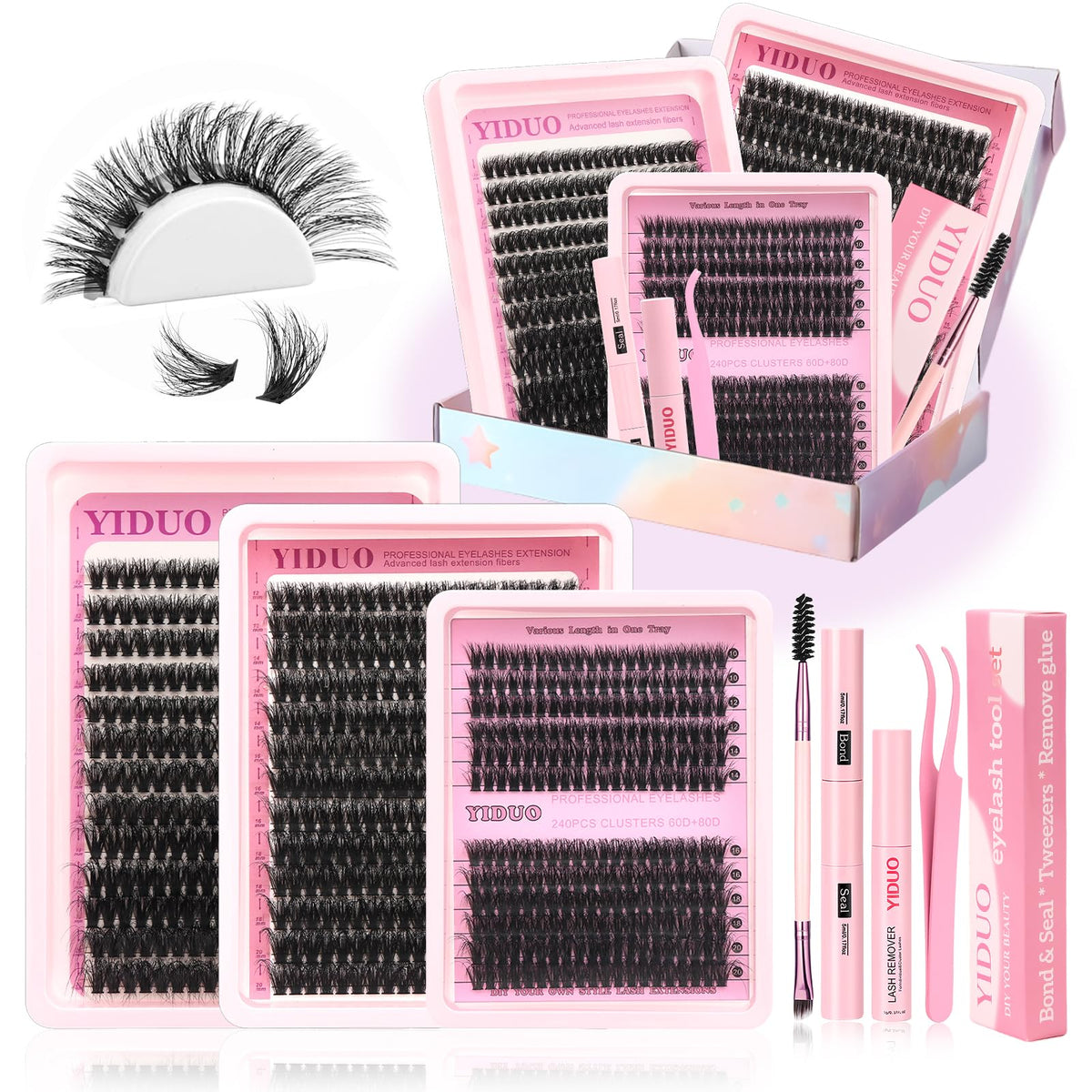 YIDUO 1846Pcs Lash Clusters Kit with Spikes+Bottom Cluster Lashes Kit Mix Styles 10-18mm Volume D Curly Wispy Soft DIY Individual Eyelash Extension Kit with Glue pestañas postizas Wholesale Large Pack