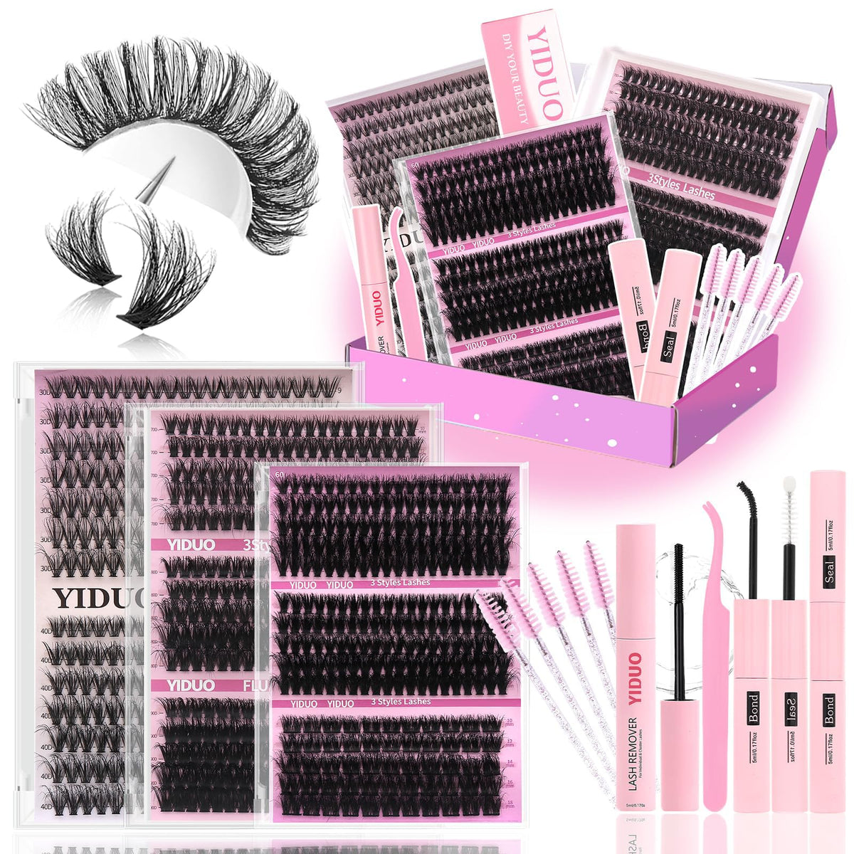 YIDUO 1846Pcs Lash Clusters Kit with Spikes+Bottom Cluster Lashes Kit Mix Styles 10-18mm Volume D Curly Wispy Soft DIY Individual Eyelash Extension Kit with Glue pestañas postizas Wholesale Large Pack