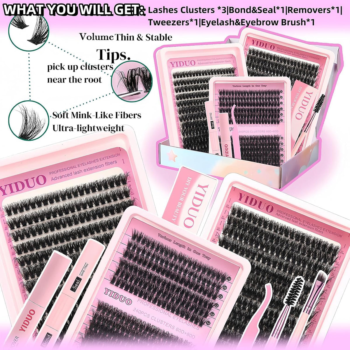 YIDUO 1846Pcs Lash Clusters Kit with Spikes+Bottom Cluster Lashes Kit Mix Styles 10-18mm Volume D Curly Wispy Soft DIY Individual Eyelash Extension Kit with Glue pestañas postizas Wholesale Large Pack