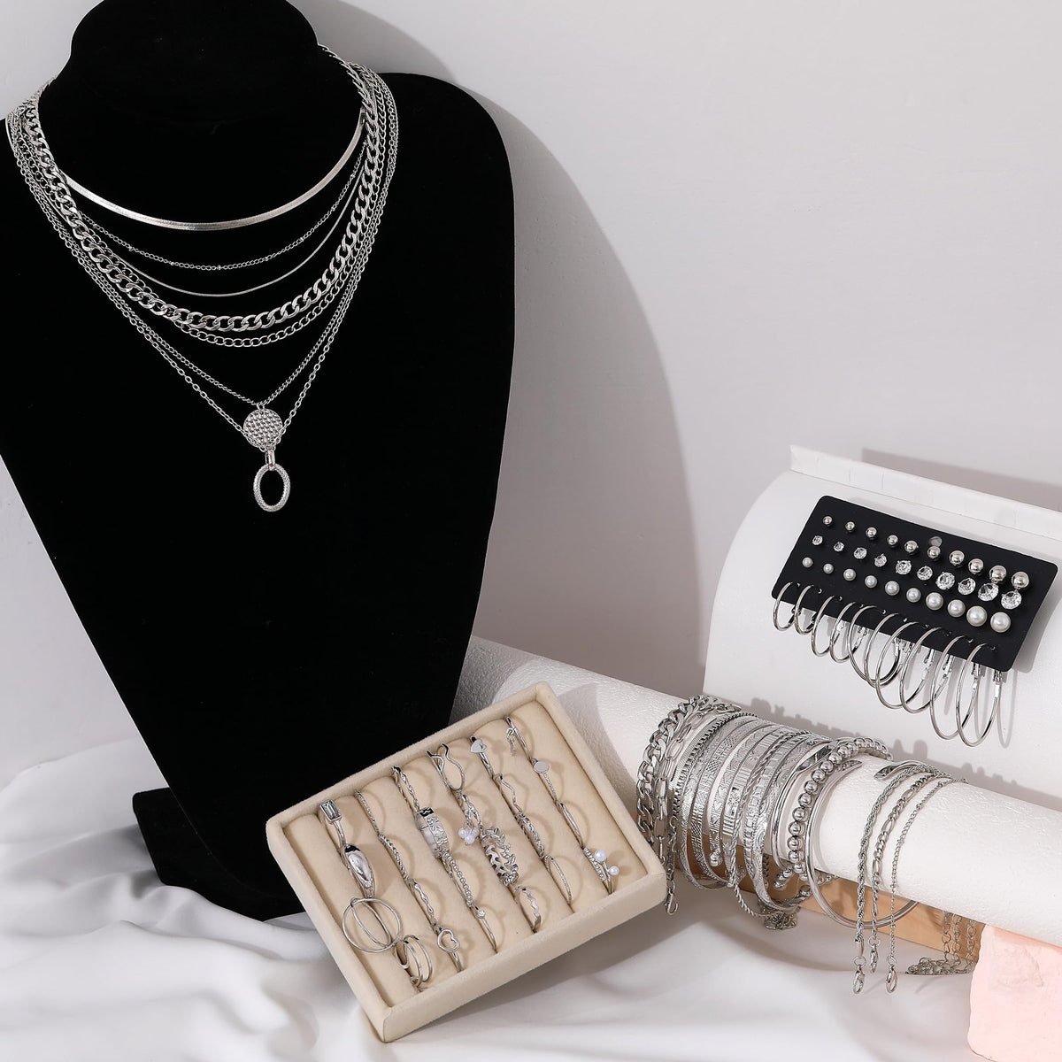 FAXHION 68 Pcs Gold Jewelry Set for Women with 7 Necklace, 17 Bracelet, 5 Hoop Earrings, 15 Stud Earrings, 24 Knuckle Rings for Women Jewelry Set for Women Gift