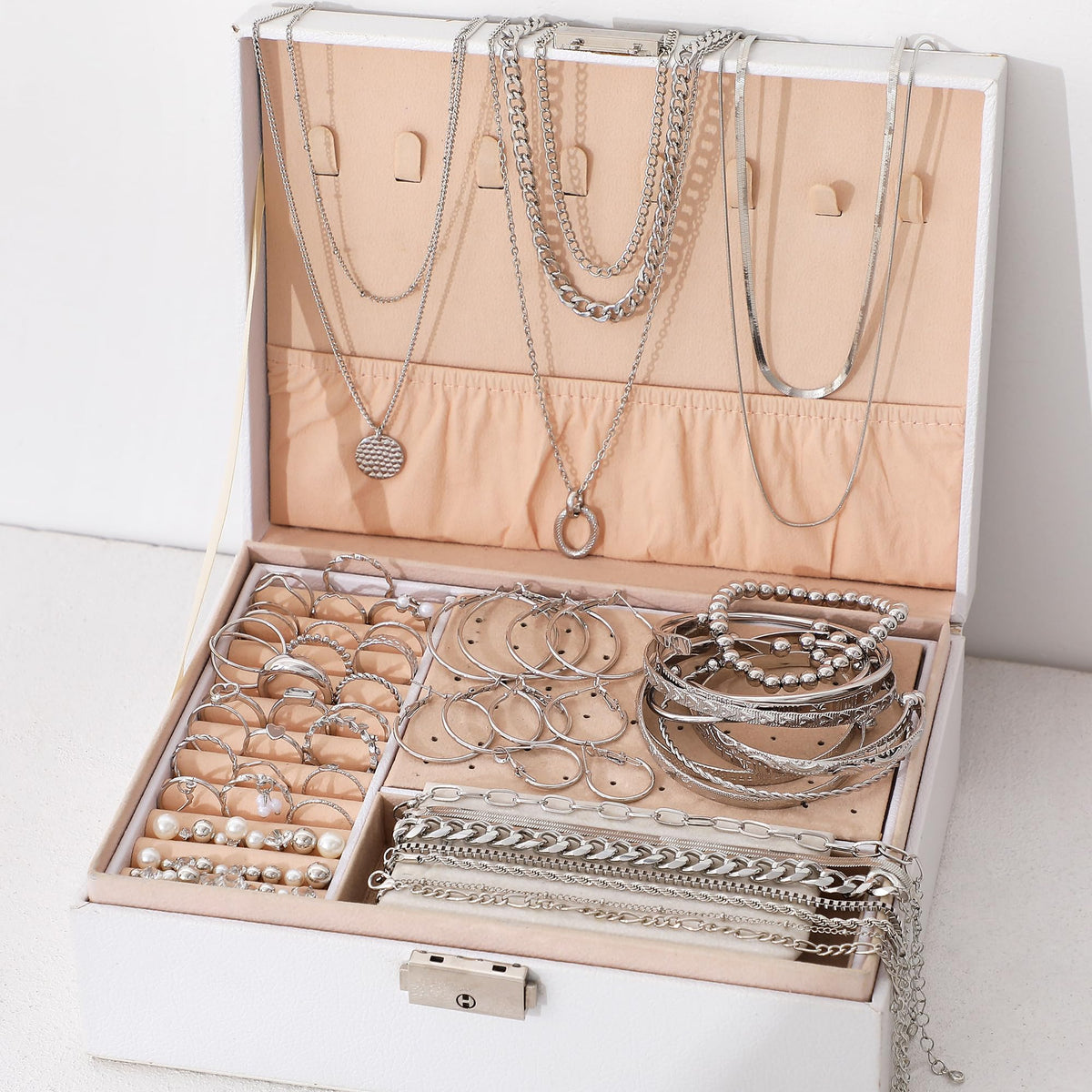 FAXHION 68 Pcs Gold Jewelry Set for Women with 7 Necklace, 17 Bracelet, 5 Hoop Earrings, 15 Stud Earrings, 24 Knuckle Rings for Women Jewelry Set for Women Gift
