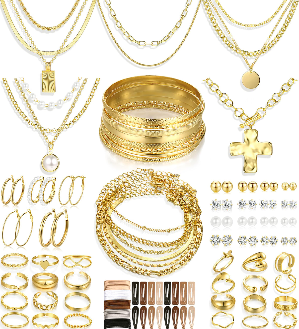 FAXHION 68 Pcs Gold Jewelry Set for Women with 7 Necklace, 17 Bracelet, 5 Hoop Earrings, 15 Stud Earrings, 24 Knuckle Rings for Women Jewelry Set for Women Gift