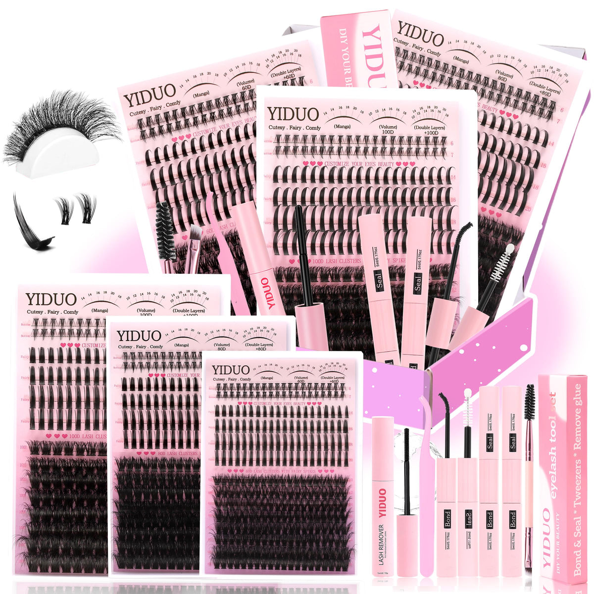 YIDUO 1846Pcs Lash Clusters Kit with Spikes+Bottom Cluster Lashes Kit Mix Styles 10-18mm Volume D Curly Wispy Soft DIY Individual Eyelash Extension Kit with Glue pestañas postizas Wholesale Large Pack
