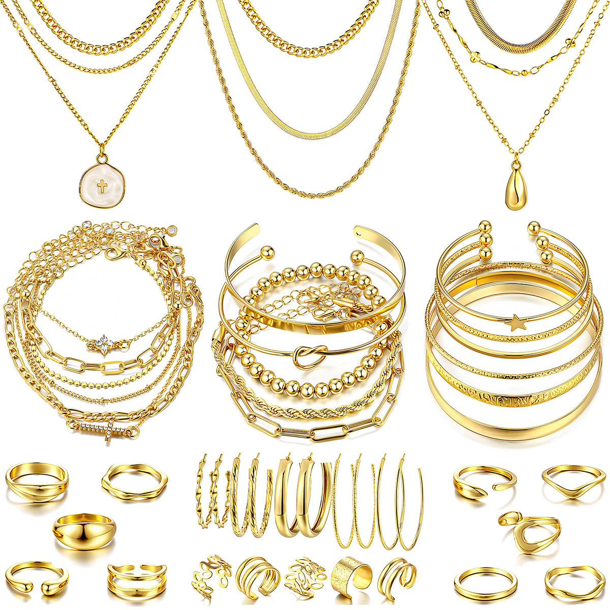 FAXHION 68 Pcs Gold Jewelry Set for Women with 7 Necklace, 17 Bracelet, 5 Hoop Earrings, 15 Stud Earrings, 24 Knuckle Rings for Women Jewelry Set for Women Gift
