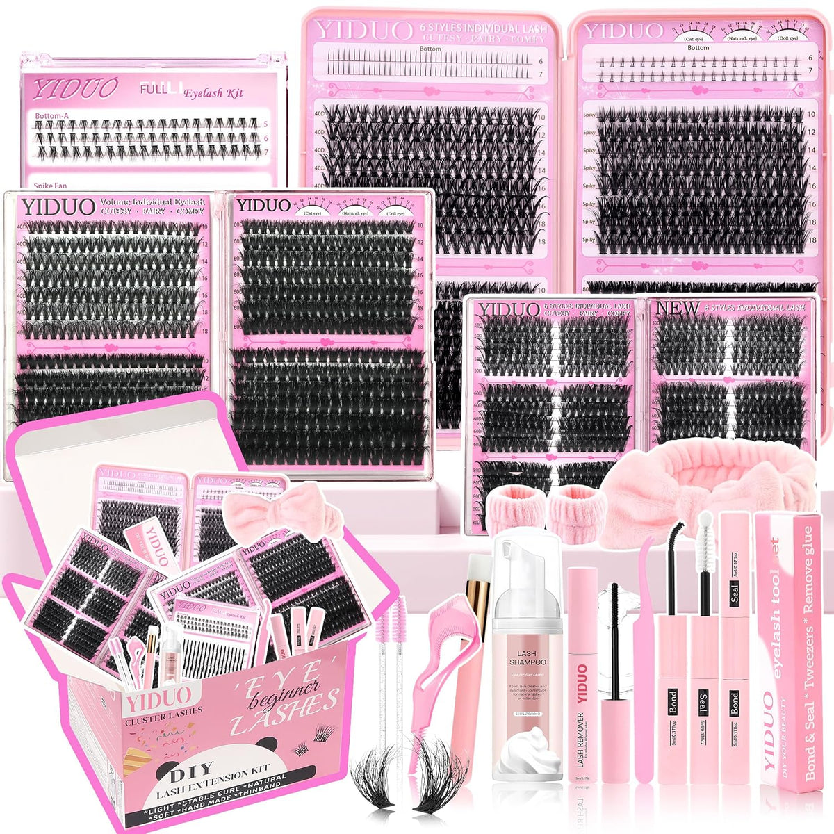 YIDUO 1846Pcs Lash Clusters Kit with Spikes+Bottom Cluster Lashes Kit Mix Styles 10-18mm Volume D Curly Wispy Soft DIY Individual Eyelash Extension Kit with Glue pestañas postizas Wholesale Large Pack