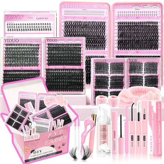 YIDUO 1846Pcs Lash Clusters Kit with Spikes+Bottom Cluster Lashes Kit Mix Styles 10-18mm Volume D Curly Wispy Soft DIY Individual Eyelash Extension Kit with Glue pestañas postizas Wholesale Large Pack