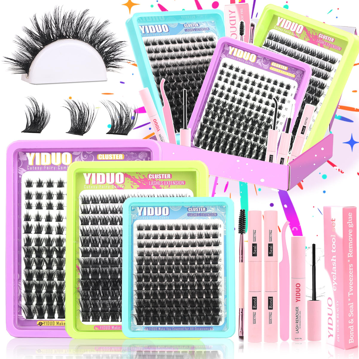 YIDUO 1846Pcs Lash Clusters Kit with Spikes+Bottom Cluster Lashes Kit Mix Styles 10-18mm Volume D Curly Wispy Soft DIY Individual Eyelash Extension Kit with Glue pestañas postizas Wholesale Large Pack
