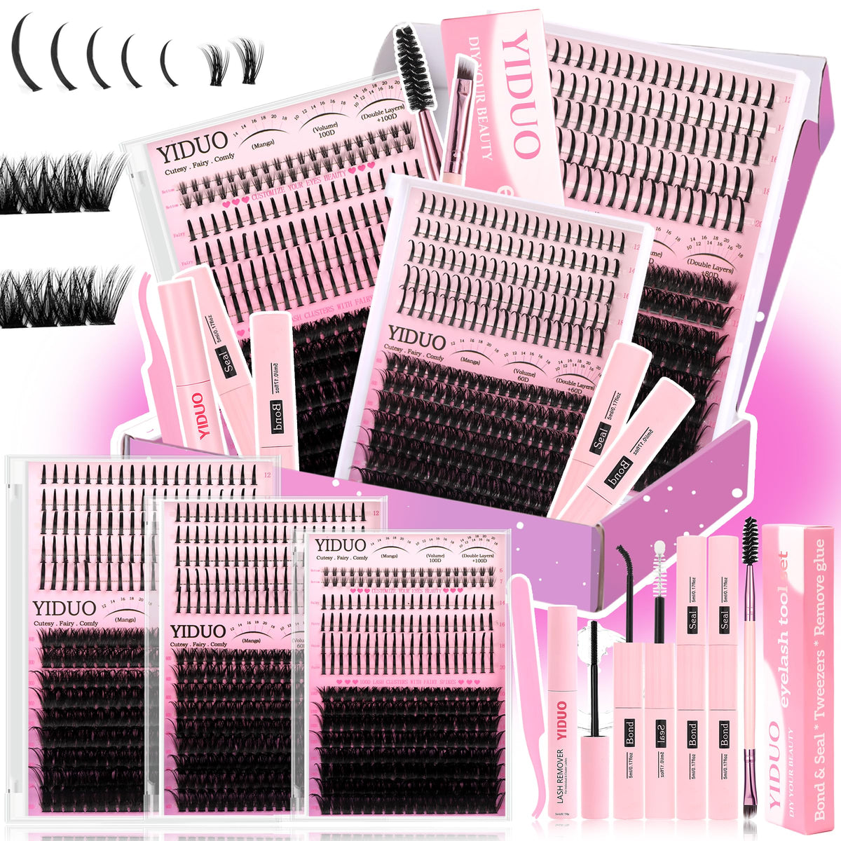 YIDUO 1846Pcs Lash Clusters Kit with Spikes+Bottom Cluster Lashes Kit Mix Styles 10-18mm Volume D Curly Wispy Soft DIY Individual Eyelash Extension Kit with Glue pestañas postizas Wholesale Large Pack