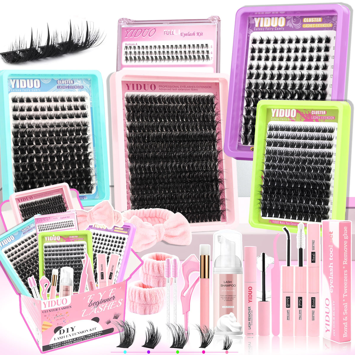 YIDUO 1846Pcs Lash Clusters Kit with Spikes+Bottom Cluster Lashes Kit Mix Styles 10-18mm Volume D Curly Wispy Soft DIY Individual Eyelash Extension Kit with Glue pestañas postizas Wholesale Large Pack