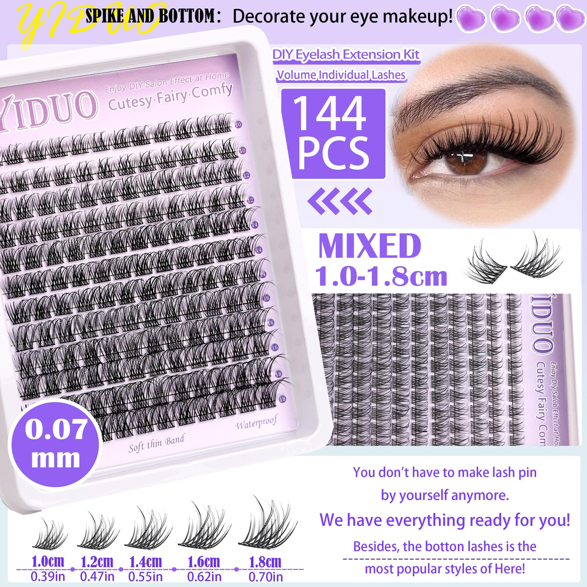 YIDUO 1846Pcs Lash Clusters Kit with Spikes+Bottom Cluster Lashes Kit Mix Styles 10-18mm Volume D Curly Wispy Soft DIY Individual Eyelash Extension Kit with Glue pestañas postizas Wholesale Large Pack