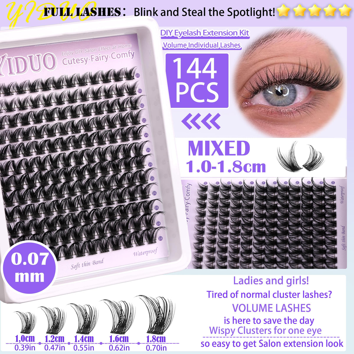 YIDUO 1846Pcs Lash Clusters Kit with Spikes+Bottom Cluster Lashes Kit Mix Styles 10-18mm Volume D Curly Wispy Soft DIY Individual Eyelash Extension Kit with Glue pestañas postizas Wholesale Large Pack