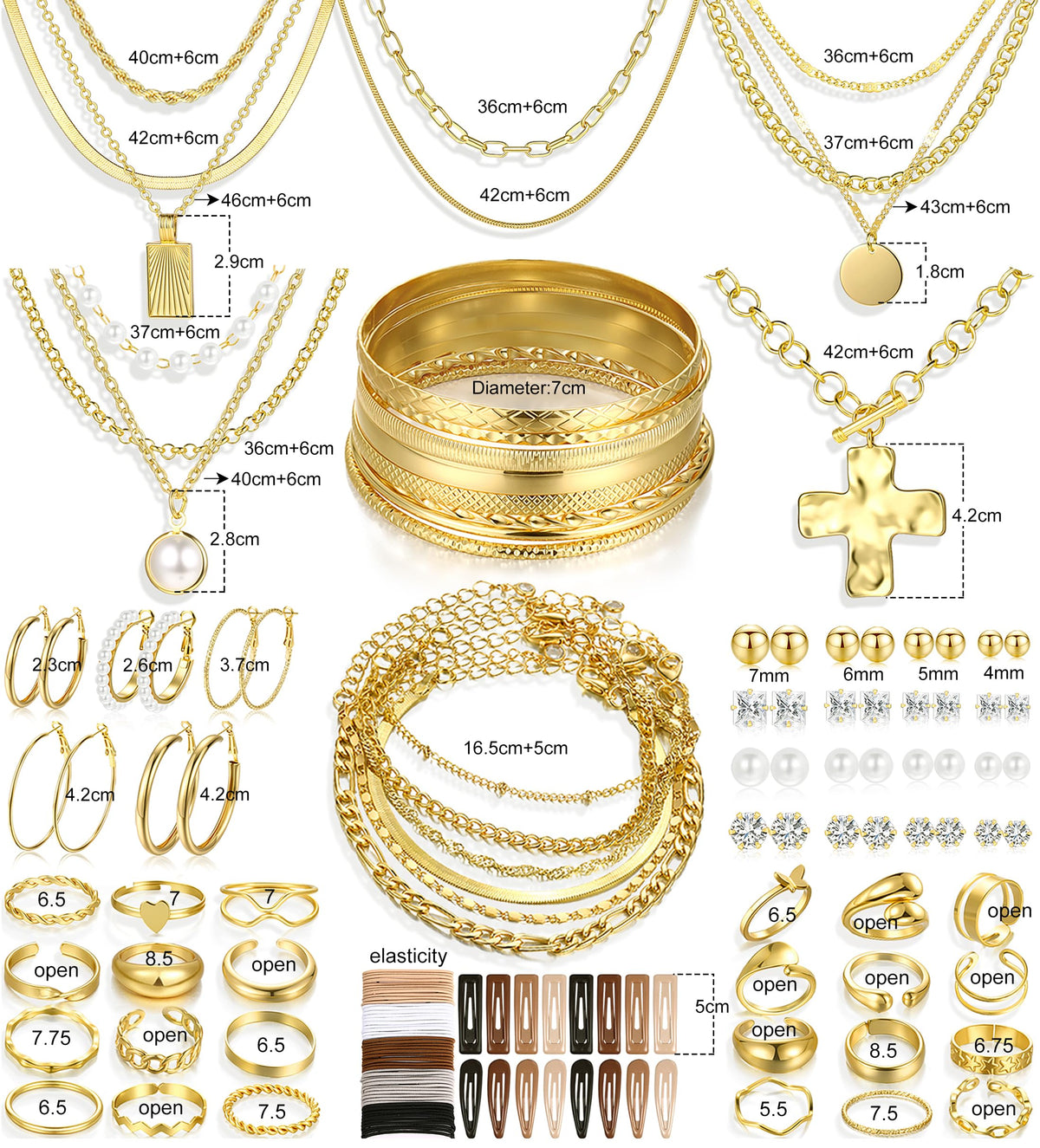 FAXHION 68 Pcs Gold Jewelry Set for Women with 7 Necklace, 17 Bracelet, 5 Hoop Earrings, 15 Stud Earrings, 24 Knuckle Rings for Women Jewelry Set for Women Gift