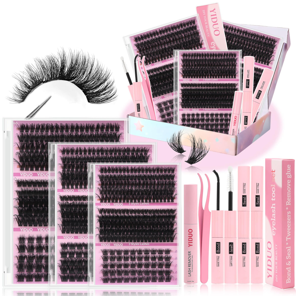 YIDUO 1846Pcs Lash Clusters Kit with Spikes+Bottom Cluster Lashes Kit Mix Styles 10-18mm Volume D Curly Wispy Soft DIY Individual Eyelash Extension Kit with Glue pestañas postizas Wholesale Large Pack