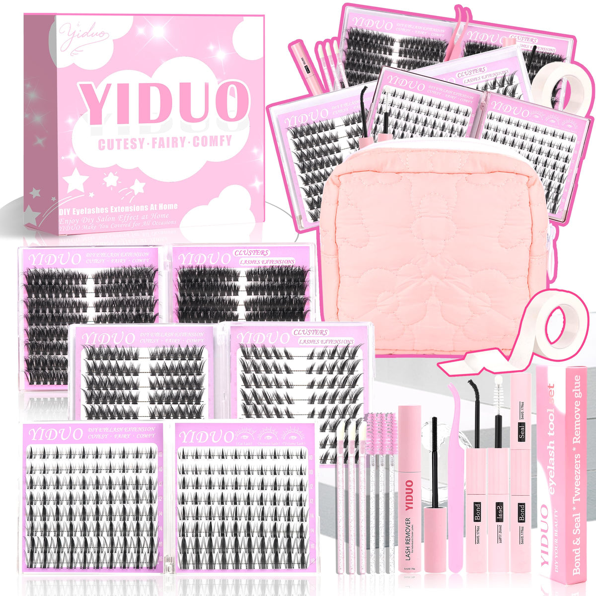 YIDUO 1846Pcs Lash Clusters Kit with Spikes+Bottom Cluster Lashes Kit Mix Styles 10-18mm Volume D Curly Wispy Soft DIY Individual Eyelash Extension Kit with Glue pestañas postizas Wholesale Large Pack