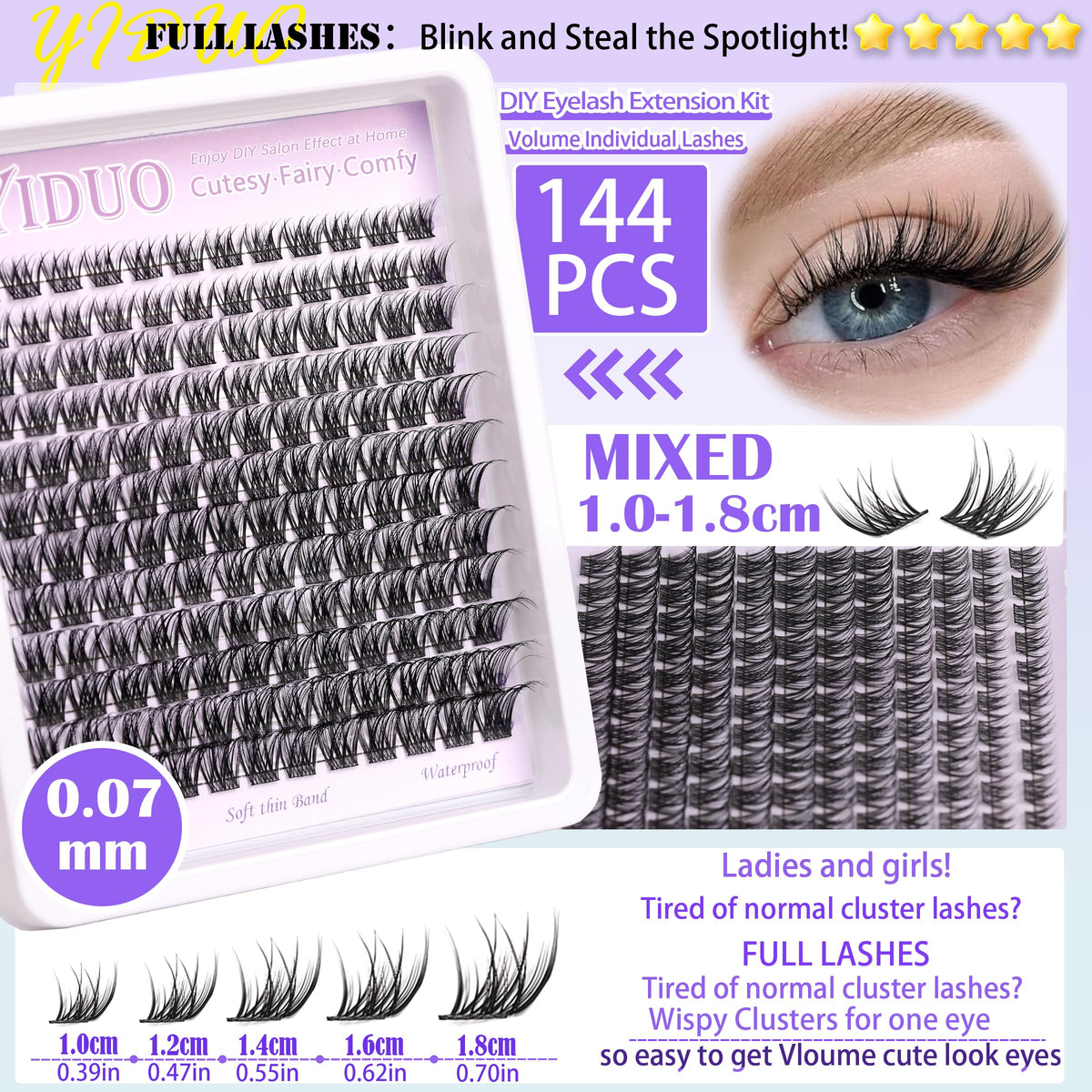 YIDUO 1846Pcs Lash Clusters Kit with Spikes+Bottom Cluster Lashes Kit Mix Styles 10-18mm Volume D Curly Wispy Soft DIY Individual Eyelash Extension Kit with Glue pestañas postizas Wholesale Large Pack