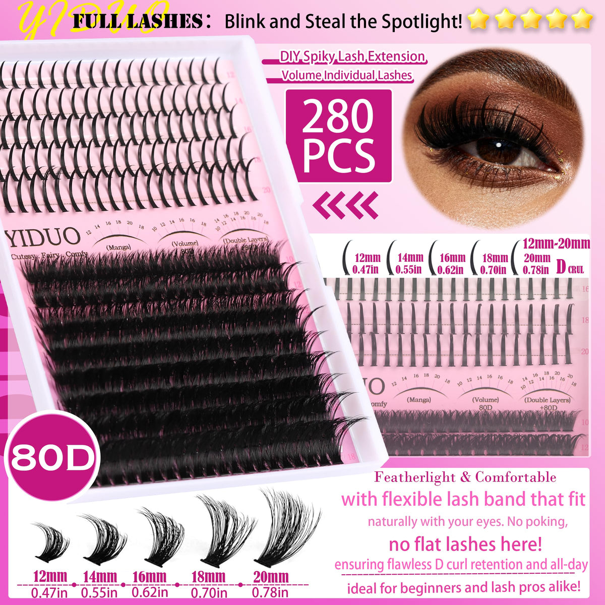 YIDUO 1846Pcs Lash Clusters Kit with Spikes+Bottom Cluster Lashes Kit Mix Styles 10-18mm Volume D Curly Wispy Soft DIY Individual Eyelash Extension Kit with Glue pestañas postizas Wholesale Large Pack