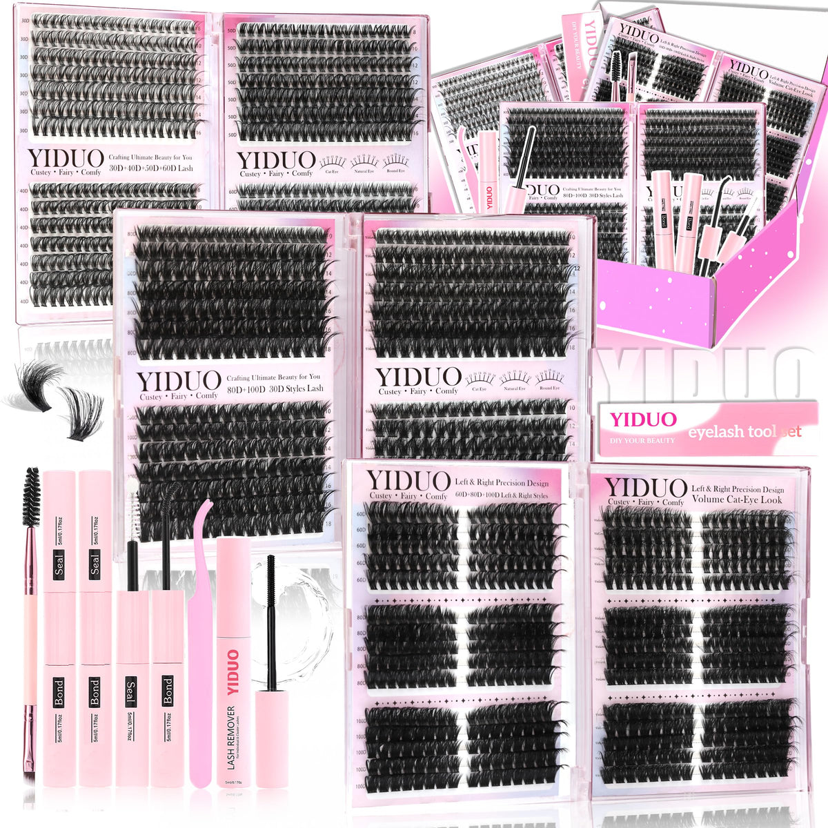 YIDUO 1846Pcs Lash Clusters Kit with Spikes+Bottom Cluster Lashes Kit Mix Styles 10-18mm Volume D Curly Wispy Soft DIY Individual Eyelash Extension Kit with Glue pestañas postizas Wholesale Large Pack