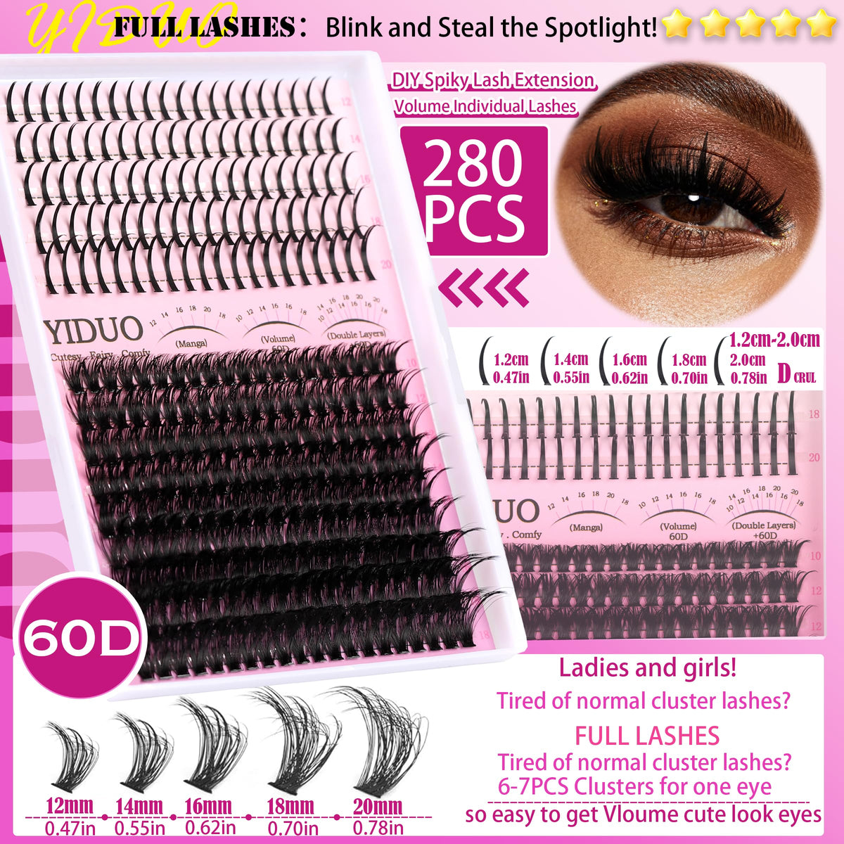 YIDUO 1846Pcs Lash Clusters Kit with Spikes+Bottom Cluster Lashes Kit Mix Styles 10-18mm Volume D Curly Wispy Soft DIY Individual Eyelash Extension Kit with Glue pestañas postizas Wholesale Large Pack