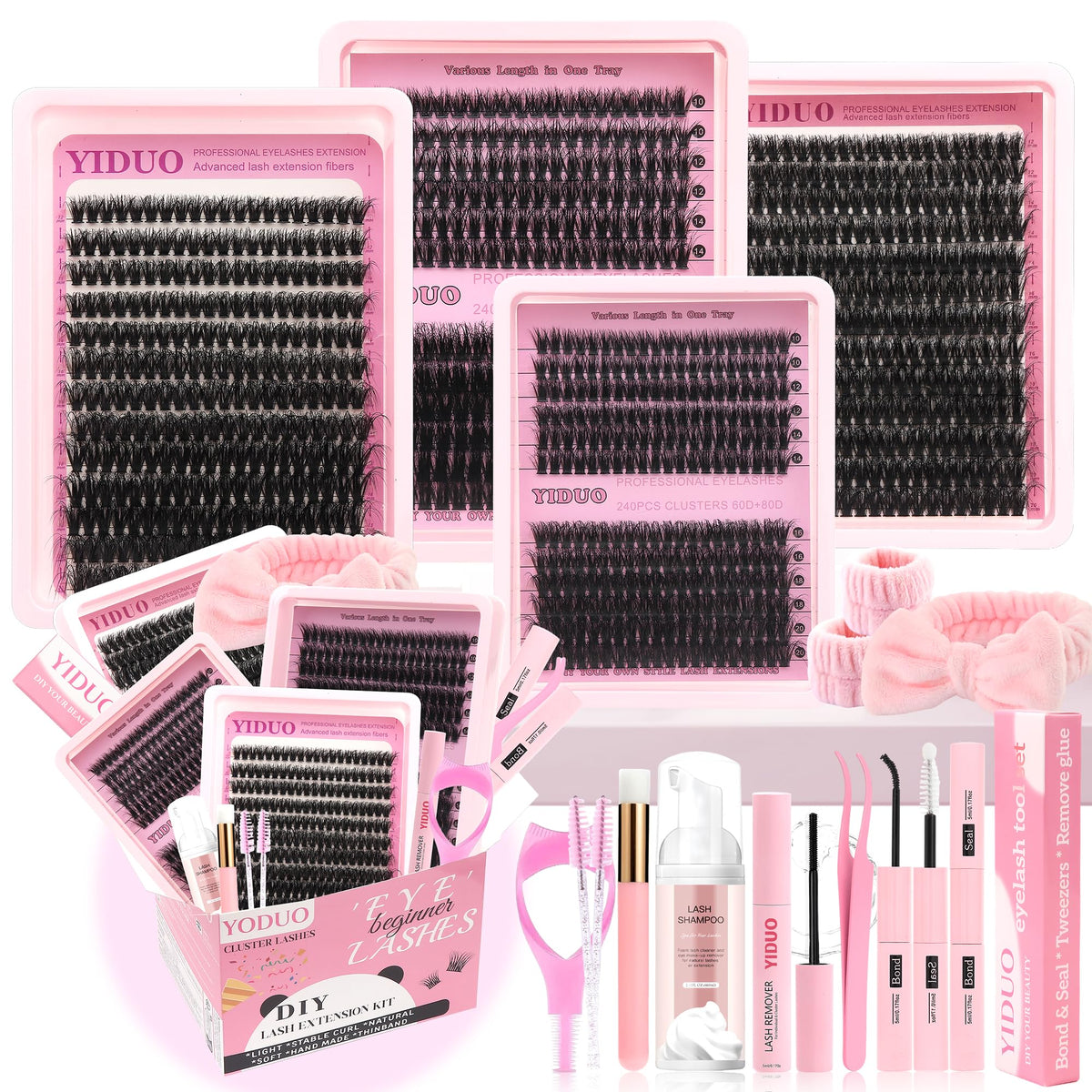 YIDUO 1846Pcs Lash Clusters Kit with Spikes+Bottom Cluster Lashes Kit Mix Styles 10-18mm Volume D Curly Wispy Soft DIY Individual Eyelash Extension Kit with Glue pestañas postizas Wholesale Large Pack