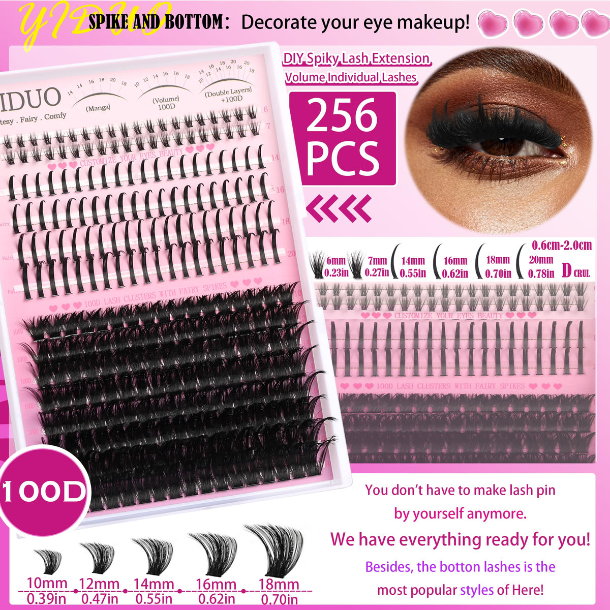 YIDUO 1846Pcs Lash Clusters Kit with Spikes+Bottom Cluster Lashes Kit Mix Styles 10-18mm Volume D Curly Wispy Soft DIY Individual Eyelash Extension Kit with Glue pestañas postizas Wholesale Large Pack