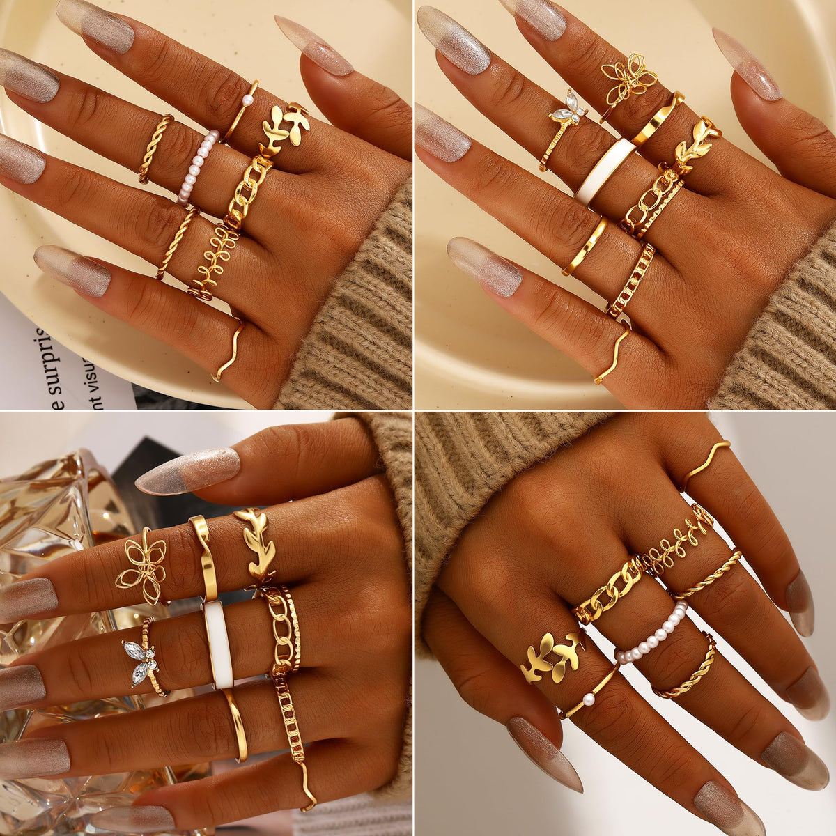 FAXHION 68 Pcs Gold Jewelry Set for Women with 7 Necklace, 17 Bracelet, 5 Hoop Earrings, 15 Stud Earrings, 24 Knuckle Rings for Women Jewelry Set for Women Gift