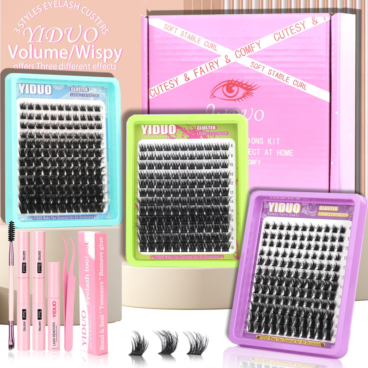 YIDUO 1846Pcs Lash Clusters Kit with Spikes+Bottom Cluster Lashes Kit Mix Styles 10-18mm Volume D Curly Wispy Soft DIY Individual Eyelash Extension Kit with Glue pestañas postizas Wholesale Large Pack