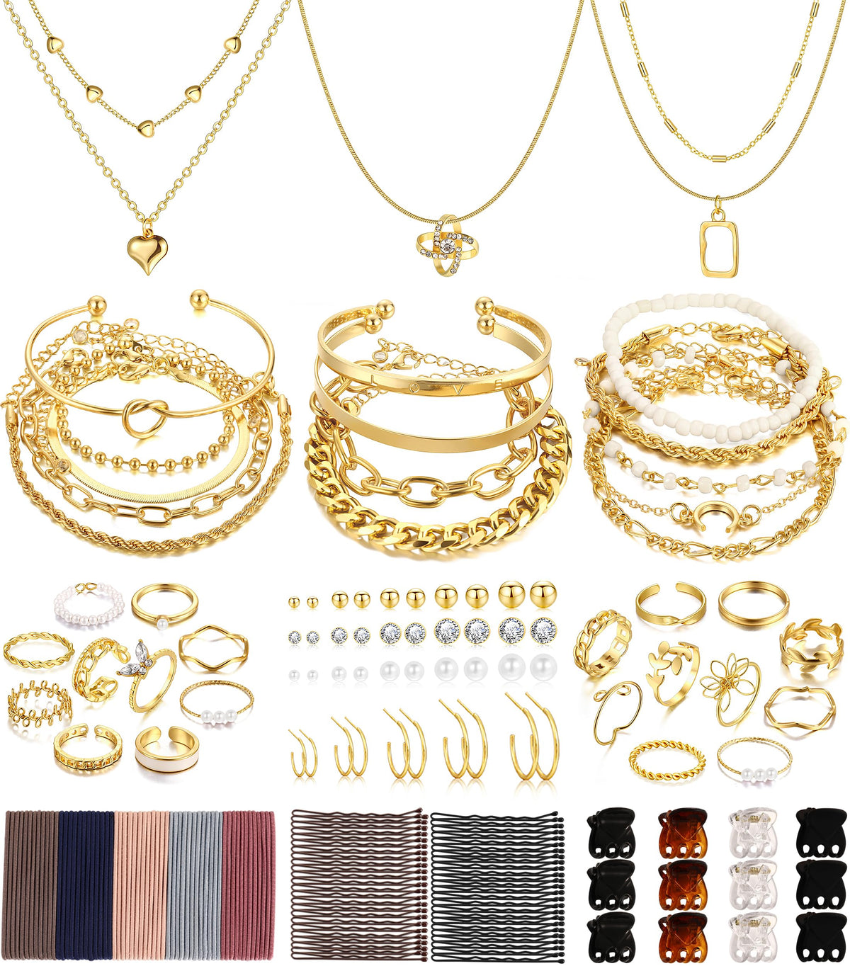 FAXHION 68 Pcs Gold Jewelry Set for Women with 7 Necklace, 17 Bracelet, 5 Hoop Earrings, 15 Stud Earrings, 24 Knuckle Rings for Women Jewelry Set for Women Gift