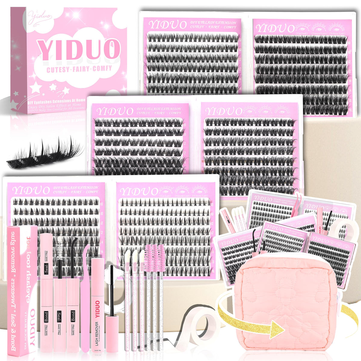 YIDUO 1846Pcs Lash Clusters Kit with Spikes+Bottom Cluster Lashes Kit Mix Styles 10-18mm Volume D Curly Wispy Soft DIY Individual Eyelash Extension Kit with Glue pestañas postizas Wholesale Large Pack