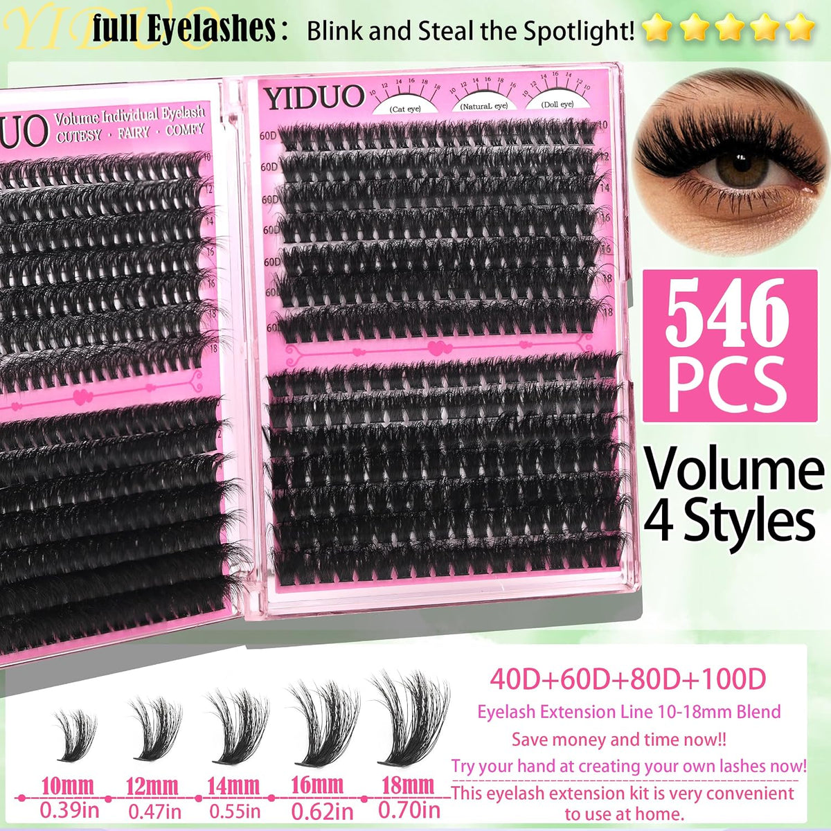 YIDUO 1846Pcs Lash Clusters Kit with Spikes+Bottom Cluster Lashes Kit Mix Styles 10-18mm Volume D Curly Wispy Soft DIY Individual Eyelash Extension Kit with Glue pestañas postizas Wholesale Large Pack