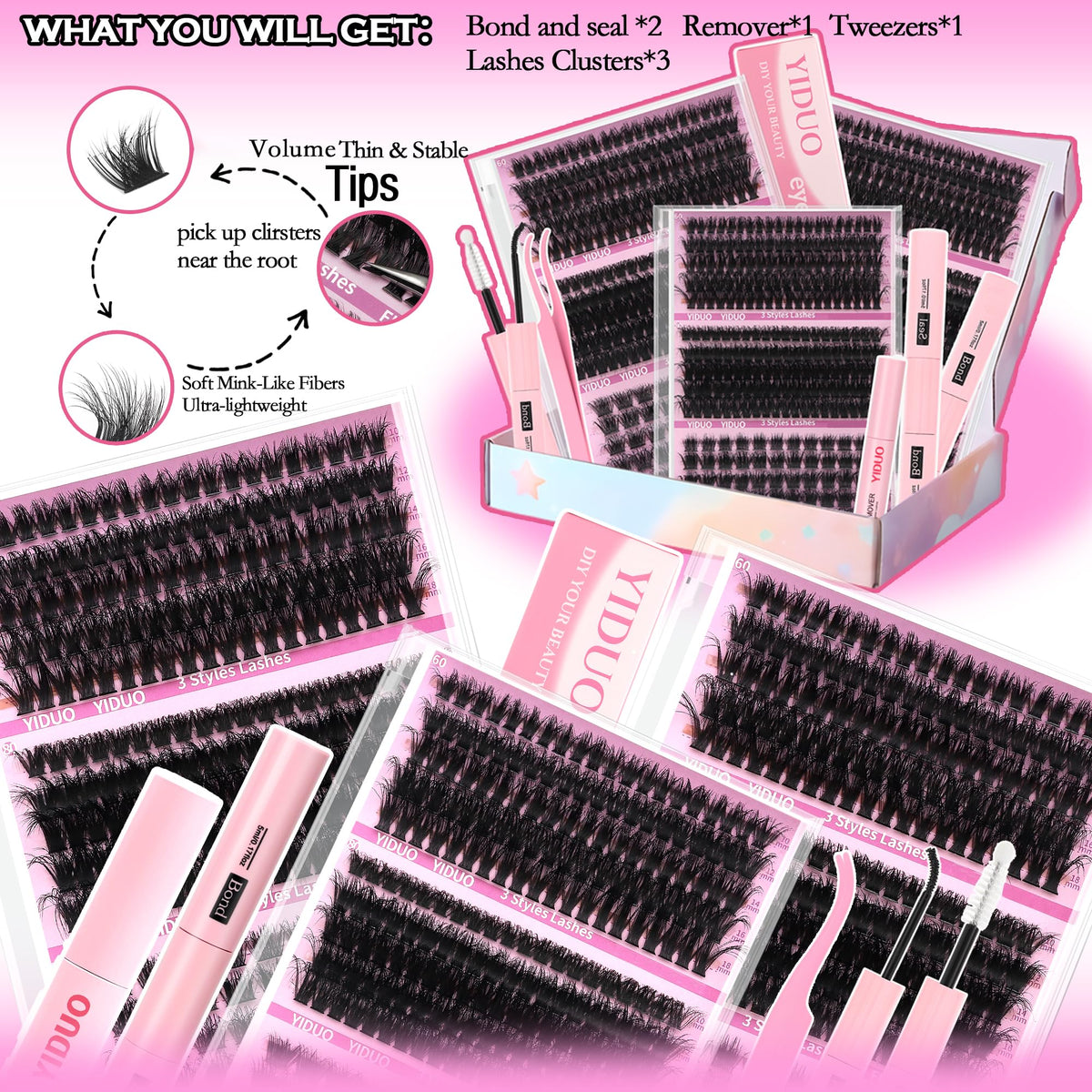 YIDUO 1846Pcs Lash Clusters Kit with Spikes+Bottom Cluster Lashes Kit Mix Styles 10-18mm Volume D Curly Wispy Soft DIY Individual Eyelash Extension Kit with Glue pestañas postizas Wholesale Large Pack