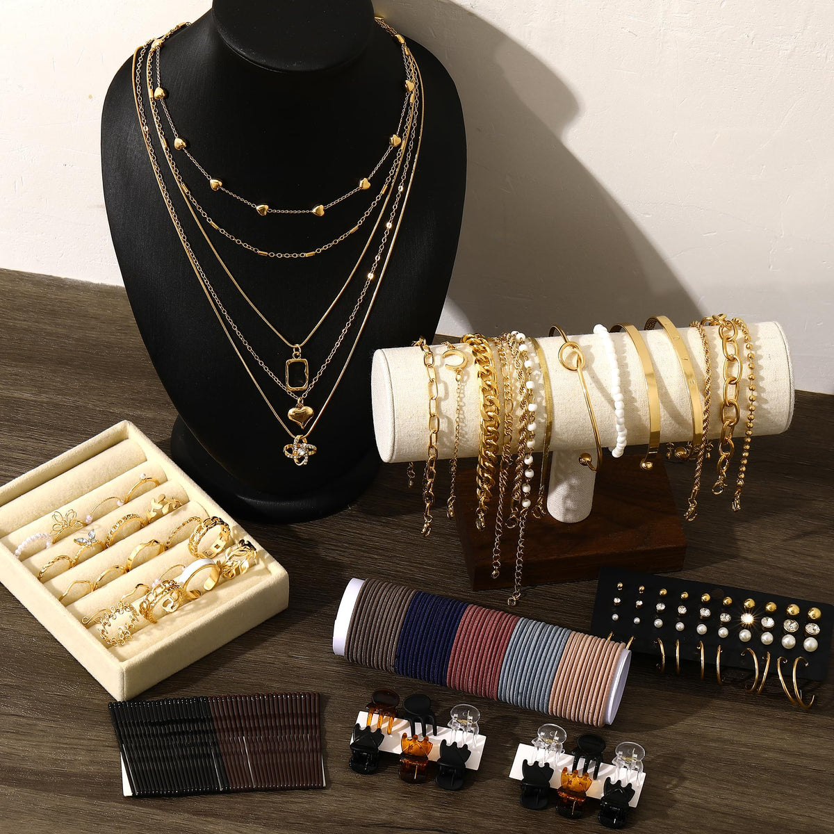 FAXHION 68 Pcs Gold Jewelry Set for Women with 7 Necklace, 17 Bracelet, 5 Hoop Earrings, 15 Stud Earrings, 24 Knuckle Rings for Women Jewelry Set for Women Gift