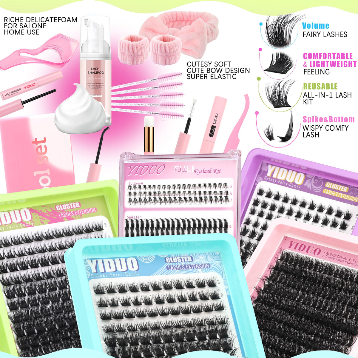 YIDUO 1846Pcs Lash Clusters Kit with Spikes+Bottom Cluster Lashes Kit Mix Styles 10-18mm Volume D Curly Wispy Soft DIY Individual Eyelash Extension Kit with Glue pestañas postizas Wholesale Large Pack