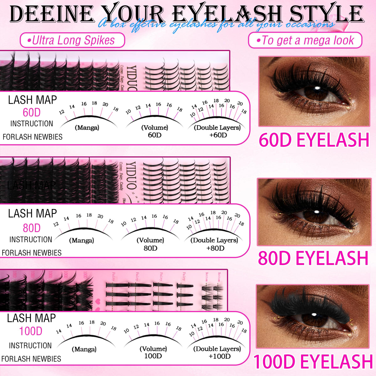 YIDUO 1846Pcs Lash Clusters Kit with Spikes+Bottom Cluster Lashes Kit Mix Styles 10-18mm Volume D Curly Wispy Soft DIY Individual Eyelash Extension Kit with Glue pestañas postizas Wholesale Large Pack