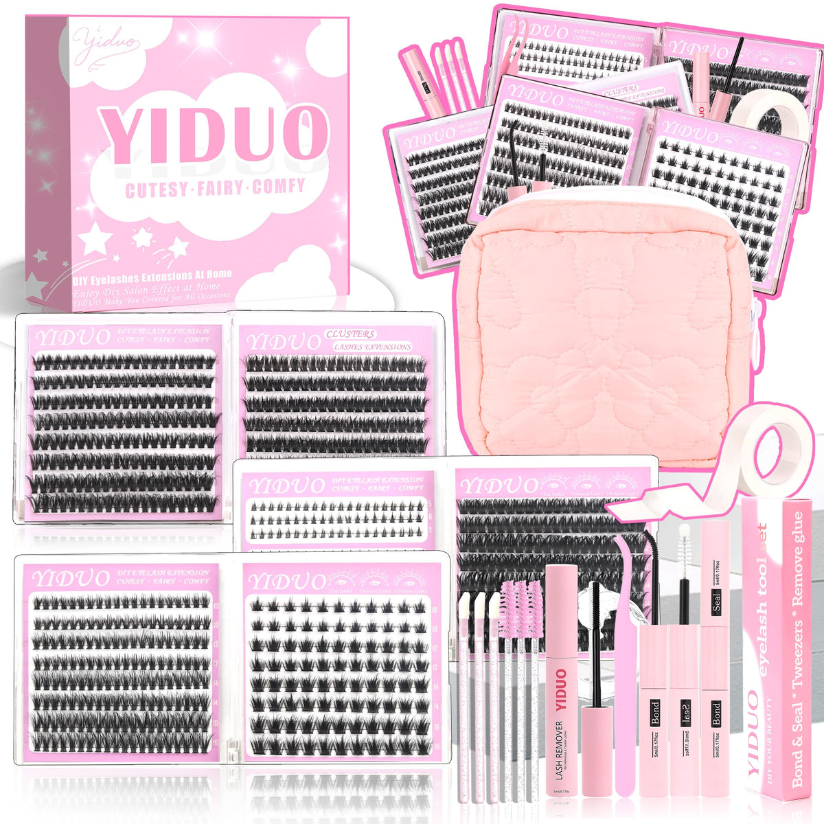 YIDUO 1846Pcs Lash Clusters Kit with Spikes+Bottom Cluster Lashes Kit Mix Styles 10-18mm Volume D Curly Wispy Soft DIY Individual Eyelash Extension Kit with Glue pestañas postizas Wholesale Large Pack